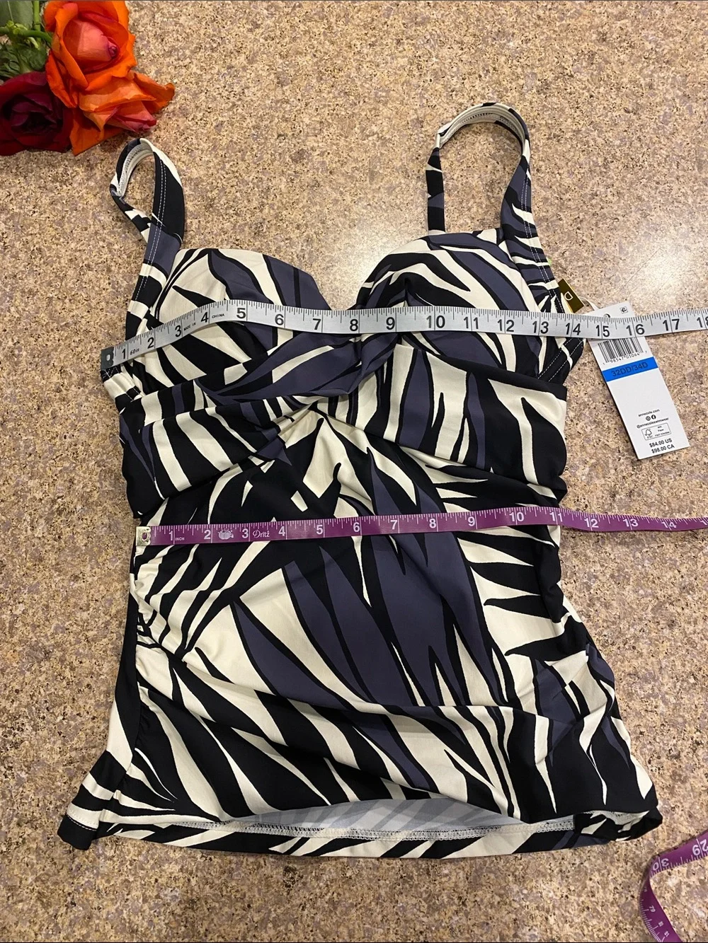 Anne Cole Twist Front Tankini Top 32DD 34D 25MT26545 NWT Black White Geometric